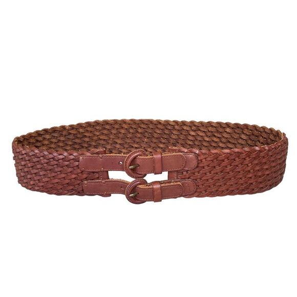 ABERCROMBIE & FITCH Leather Woven Braided Wide Belt Double Buckle Brown L main image 14
